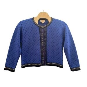 Tally-Ho Vintage Boiled Wool Cardigan Sweater Blue Floral Heart Knit XL